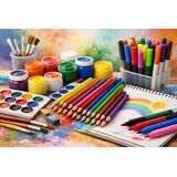 Paints, pencils, and markers for drawing