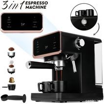 Espresso machine for ground coffee with milk frother. Two cups at once. Coffee maker with cappuccinatore — enjoy Espresso, Cappuccino, and Macchiato every day. 3-in-1 for ground coffee, capsules, and pods. Berlinger Haus BH9732.