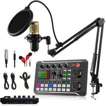 Podcasting and Streaming Kit: BM-800 Condenser Microphone, Mixer, Desktop Stand with F998 Audio Interface — Set for PC and Smartphone, Studio Recording, and Broadcasting, with Voice Changing and Sound Mixing Features