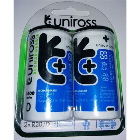 סוללת D, יונירוס 1.2V, 2 יחידות באריזת, 2600 mAh