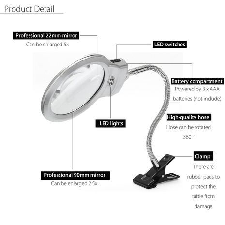 זכוכית מגדלת זרועה שולחנית פנס לד