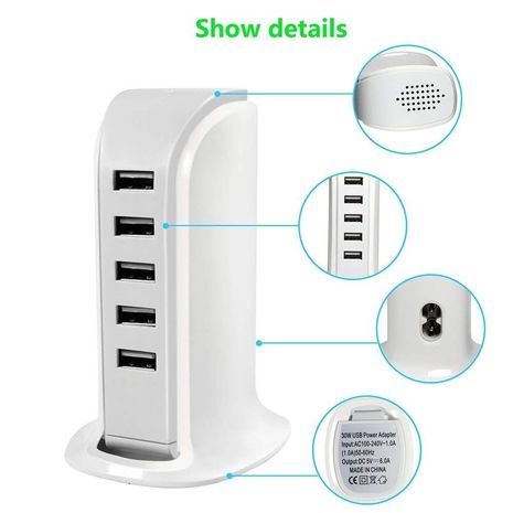 מטען USB לבית ולמשרד יציאות 5  5V 6A 30W. לכל סוגי המכשירים הניידים (סמארטפונים, טאבלטים, MP3 Power Banks וכו')