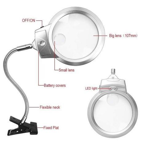 לופה שולחנית עם תאורת LED  הגדלה של 2.5X + 5X , קוטר עדשה-90 מ"מ זכוכית מגדלת זרועה שולחנית פנס לד MG15122-2B