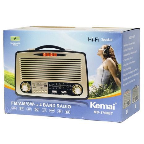 Большой транзисторный приемник в стиле ретро . с USB-входом, картой памяти, MP3, Bluetooth слотом TF-карты  и пультом ДУ . Работает от  внутренних аккумуляторов Kemai MD-1700BT