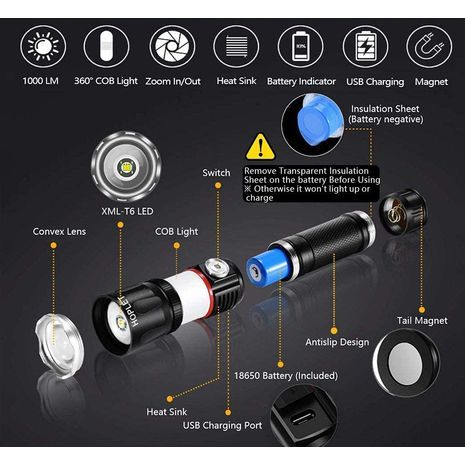 HOPLET פנס מתכת נטענת מקצועית LED עוצמתית עם מצבי פעולה ומגנטים להרכבה על משטחי מתכת