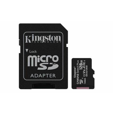 כרטיס זיכרון מהיר מיקרו 128 GB Kingston microSDXC Canvas Select Plus 100MB/s Read A1 Class 10 UHS-I Memory Card + Adapter