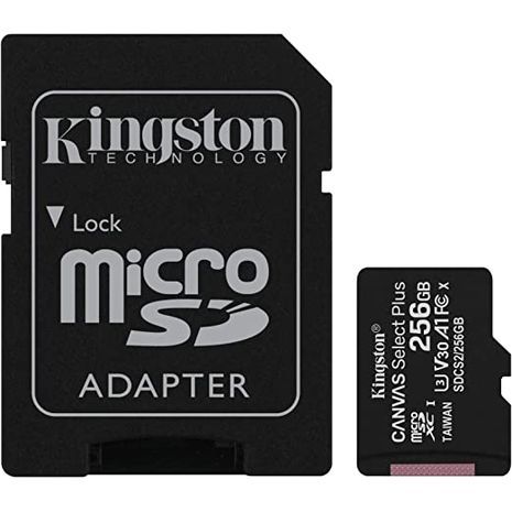 כרטיס זיכרון מהיר מיקרו256  Gb Kingston microSDXC Canvas Select Plus 100MB/s Read A1 Class 10 UHS-I Memory Card + Adapter