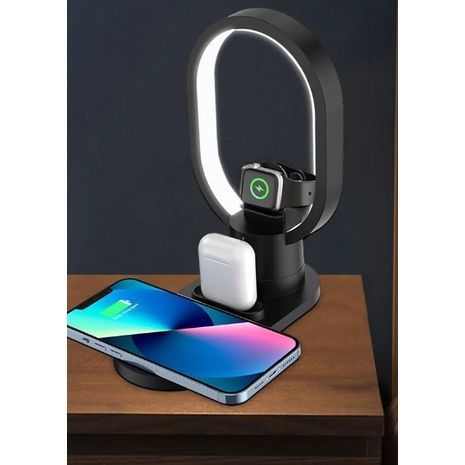 מטען אלחוטי מגנטי 4 ב-1 עם הספק של 5W. טעינה אלחוטית מהירה עם תאורה אחורית. עמדת טעינה לטלפון, אוזניות ושעונים עם מנורת לילה.
