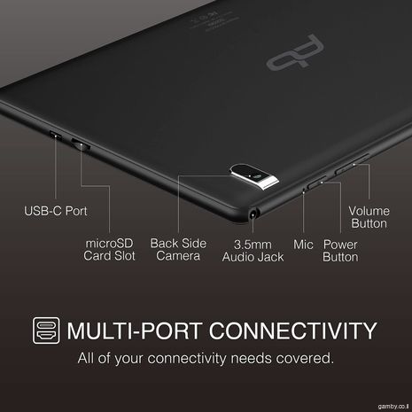 טאבלט/לפטופ Packard Bell בגודל 10 אינץ' עם מקלדת ניתנת להסרה, אנדרואיד 11 גו, תצוגת FHD 1920x1200p, זיכרון RAM בנפח 2GB, אחסון 32GB, חריץ הרחבה Micro SD, רמקולים כפולים, WiFi, Bluetooth, מצלמה קדמית ואחורית 2MP, שחור