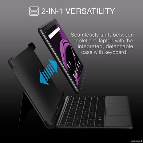 טאבלט/לפטופ Packard Bell בגודל 10 אינץ' עם מקלדת ניתנת להסרה, אנדרואיד 11 גו, תצוגת FHD 1920x1200p, זיכרון RAM בנפח 2GB, אחסון 32GB, חריץ הרחבה Micro SD, רמקולים כפולים, WiFi, Bluetooth, מצלמה קדמית ואחורית 2MP, שחור