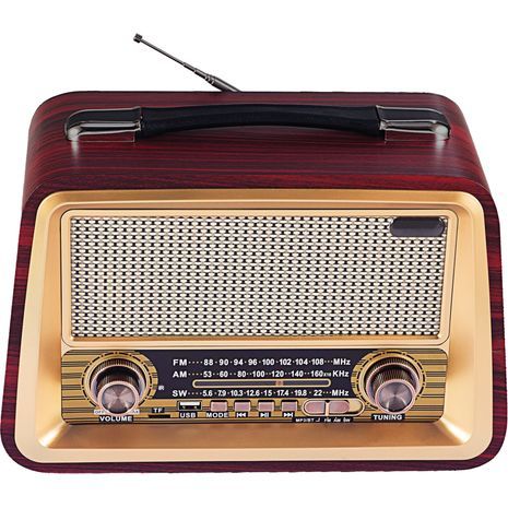 טרנזיסטור רדיו גדול בסגנון רטרו. עם כניסת USB, כרטיס זיכרון, MP3, חריץ לכרטיס Bluetooth TF. הרדיו מופעל על ידי סוללות פנימיות Sakal SKL-2066