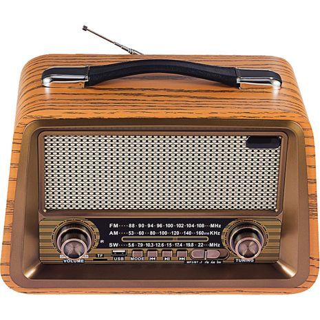 טרנזיסטור גדול בסגנון רטרו. עם כניסת USB, שלט רחוק , כרטיס זיכרון , MP3, חריץ כרטיס TF Bluetooth. מופעל על ידי סוללות פנימיות  Kemai MD-1802BT