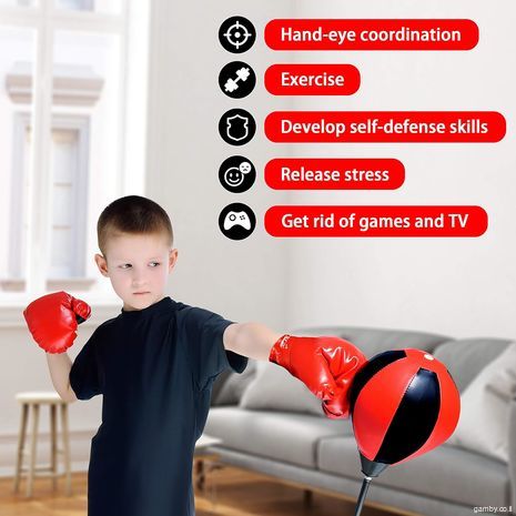 סט שק אגרוף לילדים.בשביל בוקס, טאקוונדו, קיקבוקסינג אומנויות לחימה אחרות, אימוני כוח והפגת מתחים.  כולל כדור אגרוף עם מעמד, כפפות אימון אגרוף, משאבת יד ומעמד גובה מתכוונן. מתאים לגיל: 6 7 8 9 1110