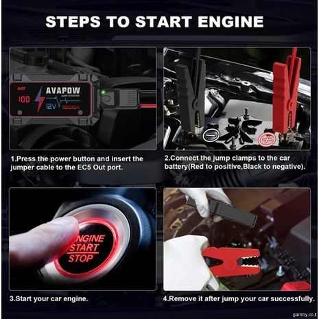 סוללה נטענת להתנעת מנוע רכב (בוסטר, ג'אמפר, Jump-Starter), וכן לטעינת סמארטפונים, אוזניות, טאבלטים ומכשירים נוספים - בוסטר Jump - AVAPOW A07 1500A שיא קיבולת הסוללה