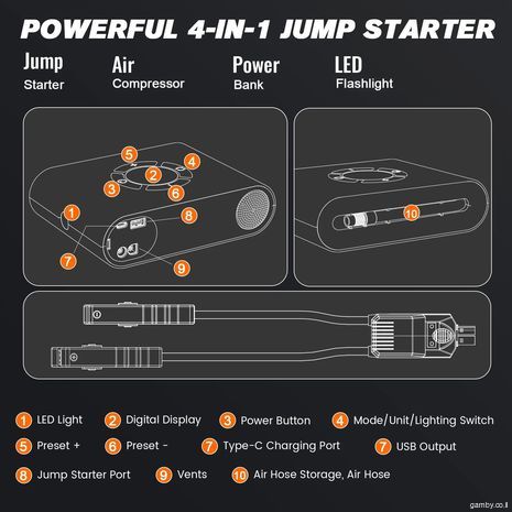 בוסטר גימפר - סוללה נטענת להתנעת מנוע רכב  + מדחס לניפוח גלגלים, כדורים וכו' P200