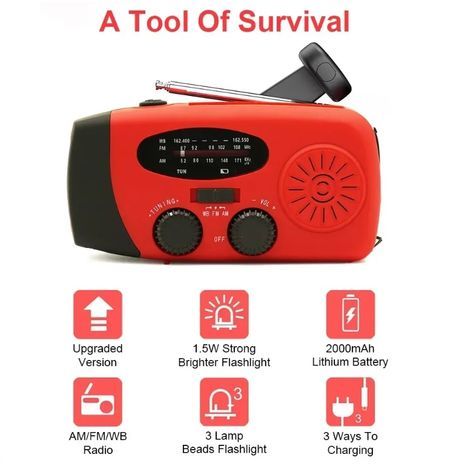 Многофункциональный аккумуляторный FM/AM-радио, фонарь,  повербанк. Защита от влаги. Зарядка от USB, солнечной панели и  рукоятки вращения. 2000 мАч . Solar Crank Radio