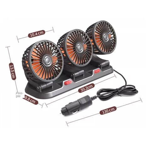 מאוורר רכב 360° עם כוונון, 3 ראשים. מאוורר חשמלי לרכב עם הזנת מתח 12V. 2 מהירויות.
