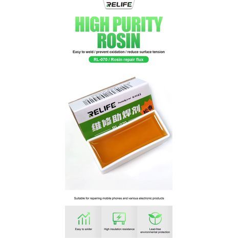 קולופוניה (שרף) עבור מלחם. פלוקס מטוהר במיוחד להלחמה ולתיקון טלפונים ניידים, רכיבים של מעגלים מודפסים (PCB), וריתוך SMT. נטול עופרת, מונע חמצון.RELIFE RL-070.