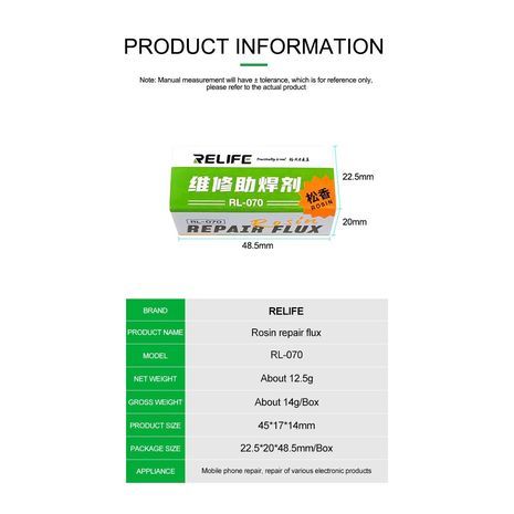 Rosin (resin) for soldering iron. High-purity flux for soldering and repairing mobile phones, PCB components, and SMT welding. Lead-free, prevents oxidation. **RELIFE RL-070**.