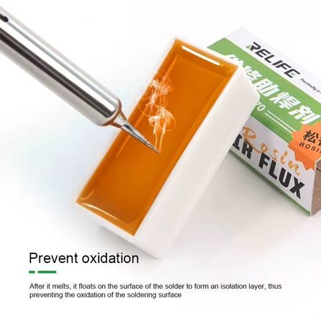 קולופוניה (שרף) עבור מלחם. פלוקס מטוהר במיוחד להלחמה ולתיקון טלפונים ניידים, רכיבים של מעגלים מודפסים (PCB), וריתוך SMT. נטול עופרת, מונע חמצון.RELIFE RL-070.