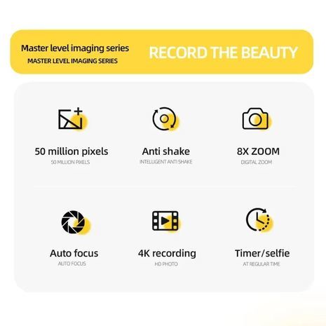 מצלמה לילדים. מצלמה דיגיטלית באיכות צילום גבוהה. 50 מגה פיקסל. מצלמה למתחילים עם פלאש כפול ופוקוס אוטומטי.