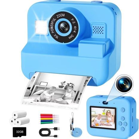 מצלמת ילדים עם הדפסה מיידית (כמו פולארויד). מצלמה דיגיטלית באיכות צילום גבוהה עם פוקוס אוטומטי ופלאש כפול - מתאימה לבנים ובנות