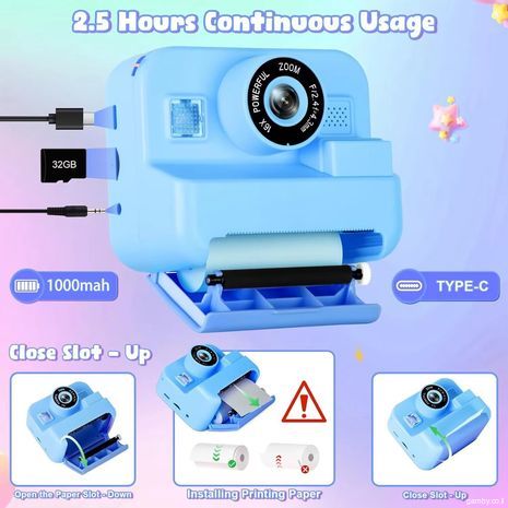 מצלמת ילדים עם הדפסה מיידית (כמו פולארויד). מצלמה דיגיטלית באיכות צילום גבוהה עם פוקוס אוטומטי ופלאש כפול - מתאימה לבנים ובנות