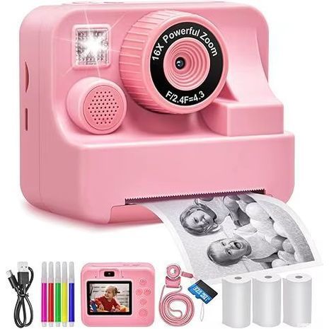 מצלמת ילדים עם הדפסה מיידית (כמו פולארויד). מצלמה דיגיטלית באיכות צילום גבוהה עם פוקוס אוטומטי ופלאש כפול - מתאימה לבנים ובנות