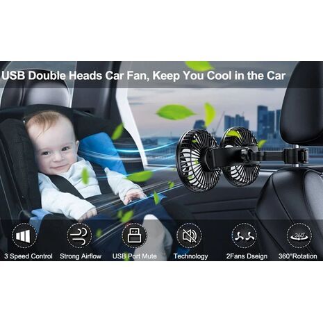 מאוורר רכב בעל 3 מהירויות למושב מאוורר כפול לרכב עם טעינת USB, סיבוב של 360°, קירור לצוואר – אידיאלי לקיץ