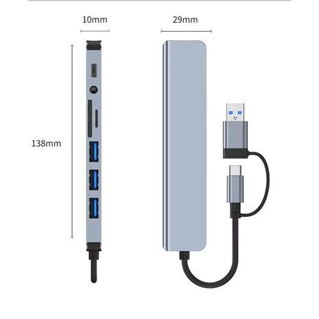 תחנת עגינה טייפ סי - USB3  יציאות 8 תחנת עגינה 8 ב-2 USB Type-C HUB עם שקע אוזניות 3.5 מ"מ, מתאם, קורא כרטיסי Micro SD, ממיר לחיבור מחשבים ניידים, טאבלטים, טלפונים וכוננים.