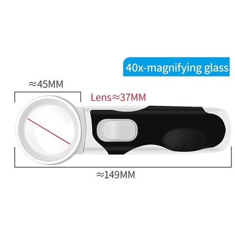 זכוכית מגדלת בעוצמה גבוהה, הגדלה של 40X, מצב תאורת LED, זכוכית מגדלת ידנית עם תאורה. קוטר 40 מ"מ.