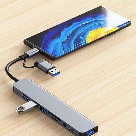 תחנת עגינה טייפ סי - USB3  יציאות 8 תחנת עגינה 8 ב-2 USB Type-C HUB עם שקע אוזניות 3.5 מ"מ, מתאם, קורא כרטיסי Micro SD, ממיר לחיבור מחשבים ניידים, טאבלטים, טלפונים וכוננים.