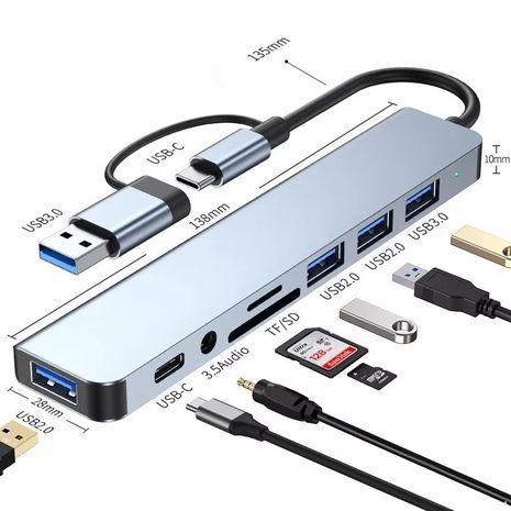 תחנת עגינה טייפ סי - USB3  יציאות 8 תחנת עגינה 8 ב-2 USB Type-C HUB עם שקע אוזניות 3.5 מ"מ, מתאם, קורא כרטיסי Micro SD, ממיר לחיבור מחשבים ניידים, טאבלטים, טלפונים וכוננים.