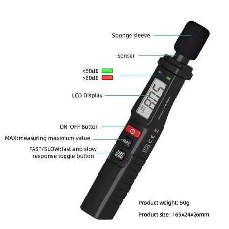 Digital noise meter, portable sound meter, digital sound level meter.