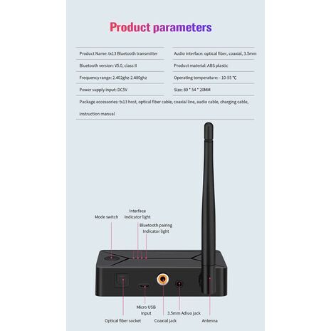 מתאם אודיו אלחוטי לחיבור אוטומטי של אוזניות Bluetooth לטלוויזיה או למחשב — TX13 משדר Bluetooth 5.0 תלת-תכליתי עם ממיר DAC (AUX/RCA/USB/קו-אקסיאלי/אופטי) T44C