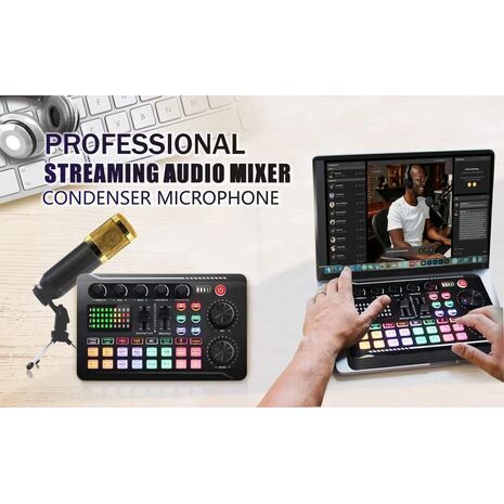 Podcasting and Streaming Kit: BM-800 Condenser Microphone, Mixer, Desktop Stand with F998 Audio Interface — Set for PC and Smartphone, Studio Recording, and Broadcasting, with Voice Changing and Sound Mixing Features