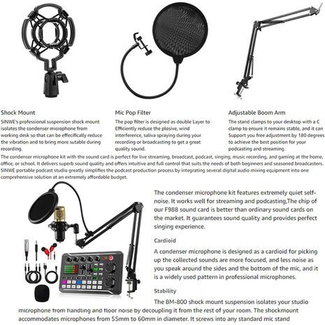 Podcasting and Streaming Kit: BM-800 Condenser Microphone, Mixer, Desktop Stand with F998 Audio Interface — Set for PC and Smartphone, Studio Recording, and Broadcasting, with Voice Changing and Sound Mixing Features