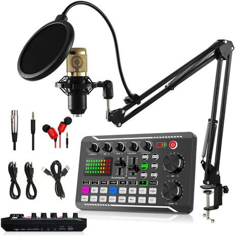 Podcasting and Streaming Kit: BM-800 Condenser Microphone, Mixer, Desktop Stand with F998 Audio Interface — Set for PC and Smartphone, Studio Recording, and Broadcasting, with Voice Changing and Sound Mixing Features