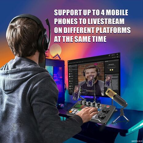 Podcasting and Streaming Kit: BM-800 Condenser Microphone, Mixer, Desktop Stand with F998 Audio Interface — Set for PC and Smartphone, Studio Recording, and Broadcasting, with Voice Changing and Sound Mixing Features