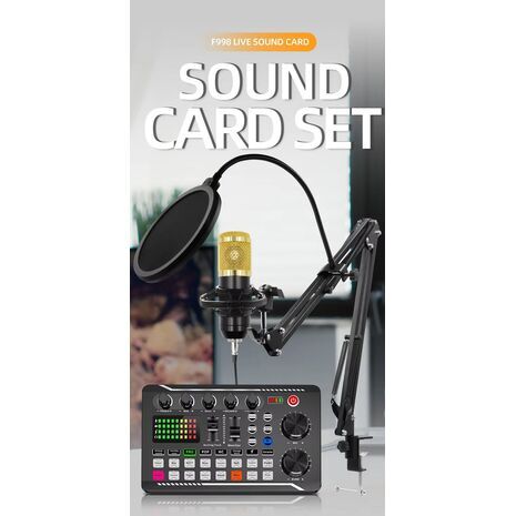 Podcasting and Streaming Kit: BM-800 Condenser Microphone, Mixer, Desktop Stand with F998 Audio Interface — Set for PC and Smartphone, Studio Recording, and Broadcasting, with Voice Changing and Sound Mixing Features