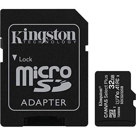 כרטיס זיכרון מהיר מיקרו 32Gb Kingston microSDXC Canvas Select Plus 100MB/s Read A1 Class 10 UHS-I Memory Card + Adapter