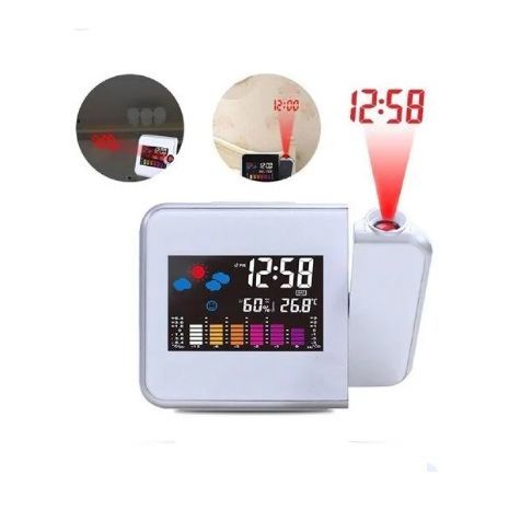 שעון מעורר דיגיטלי עם מקרן תקרה וקיר ו שעון הקרנה רב תכליתי עם פונקציית אזעקת נודניק. תצוגת LCD סופר ברורה עם תחנת מזג אוויר מפורטת. שעון מעורר עם מקרן זמן על הקיר או התקרה