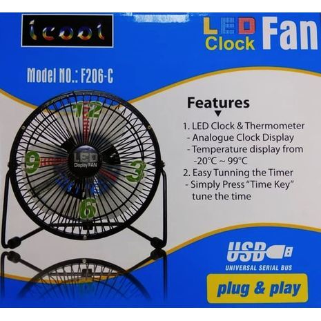 מאוורר שולחני עם שעון ומד טמפרטורה מאירים , USB , עשוי מתכת ,שקט  6"  25W LED CLOCK FEN F206-C