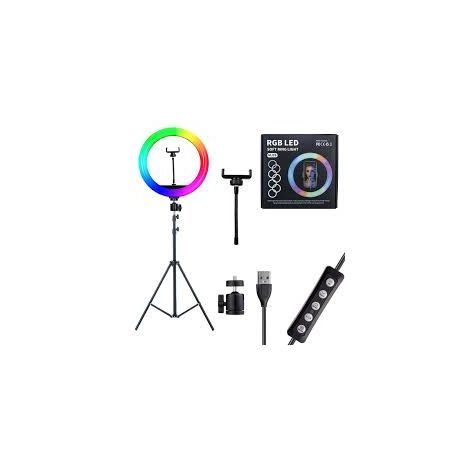 מנורה סלפי LED צבעונית - קוטר הטבעת 26 ס"מ עם חצובה וצבעים ניתנים להחלפה RGB  MJ26 סלפי LED