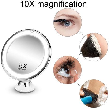 מראה קוסמטית  / מראת איפור. הגדלה פי 10 / פי עשרה. סובב 360 מעלות. תאורת LED כוס יניקה על אריחים, זכוכית או משטח חלק אחר