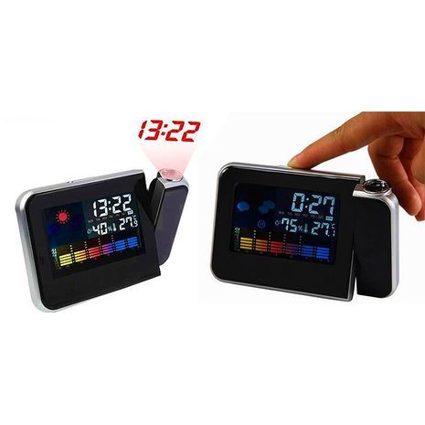 שעון מעורר דיגיטלי עם מקרן תקרה וקיר ו שעון הקרנה רב תכליתי עם פונקציית אזעקת נודניק. תצוגת LCD סופר ברורה עם תחנת מזג אוויר מפורטת. שעון מעורר עם מקרן זמן על הקיר או התקרה
